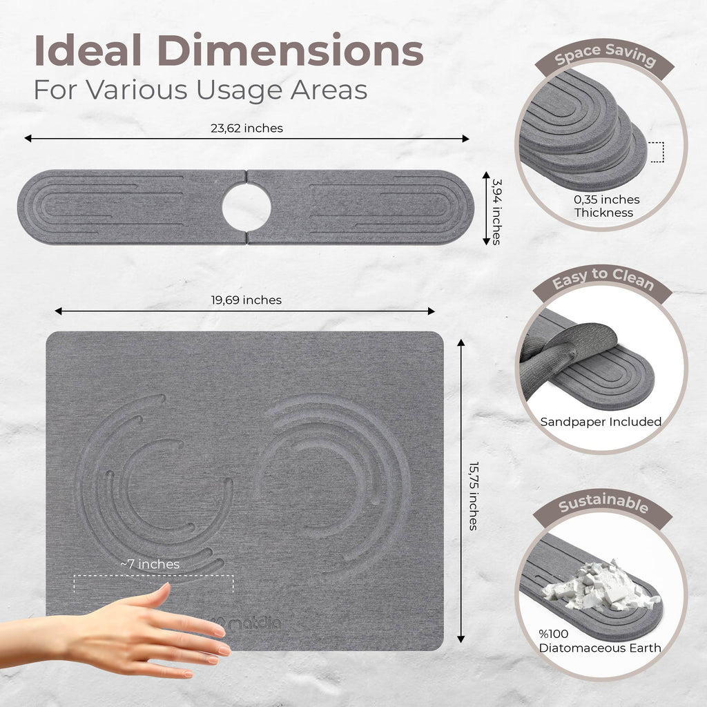 Matdia Stone Drying Mat for Kitchen Counter & Faucet mat for kitchen sink – Super Absorbent - Diatomaceous earth dish drying mat - Non-Slip & Eco-Friendly - Quick drying - (19.6" x 15.7")