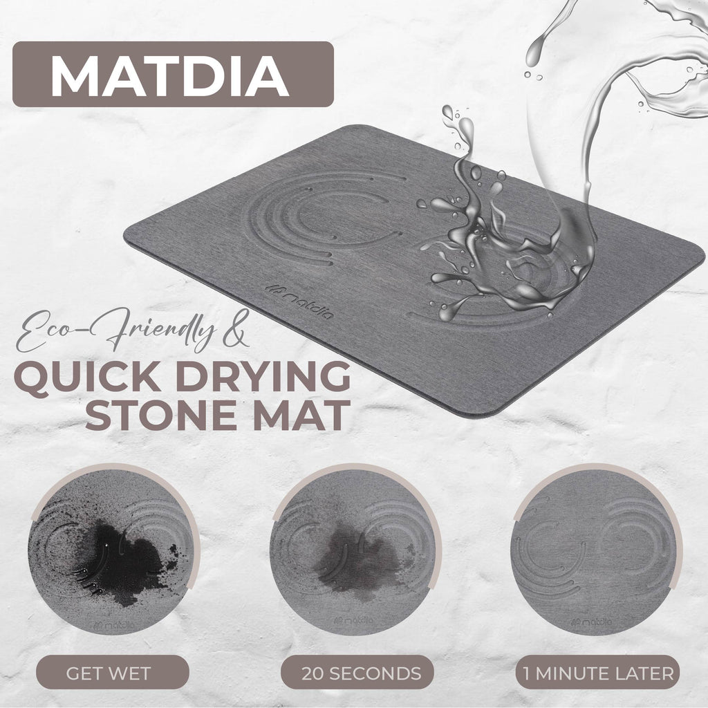 Matdia Stone Drying Mat for Kitchen Counter & Faucet mat for kitchen sink – Super Absorbent - Diatomaceous earth dish drying mat - Non-Slip & Eco-Friendly - Quick drying - (19.6" x 15.7")