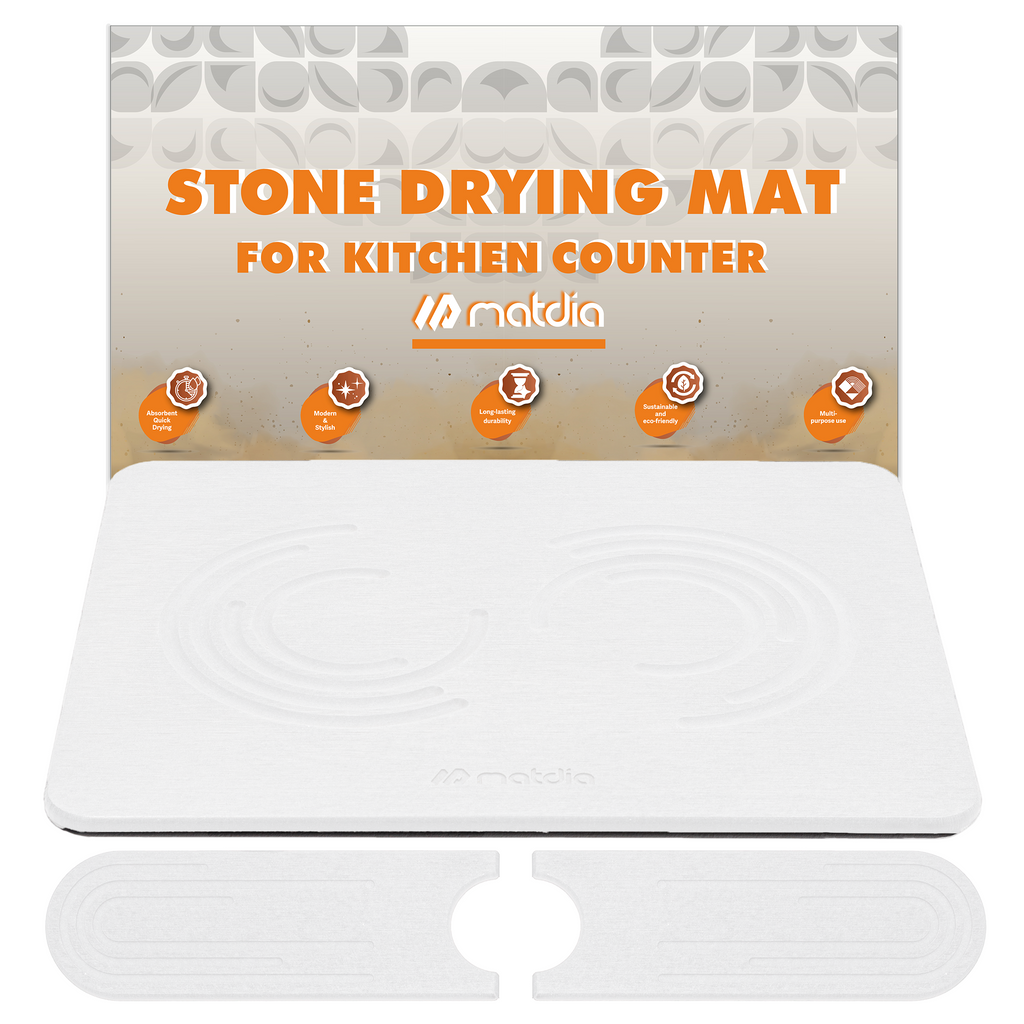 Matdia Stone Drying Mat for Kitchen Counter & Faucet mat for kitchen sink – Super Absorbent - Diatomaceous earth dish drying mat - Non-Slip & Eco-Friendly - Quick drying - (19.6" x 15.7")