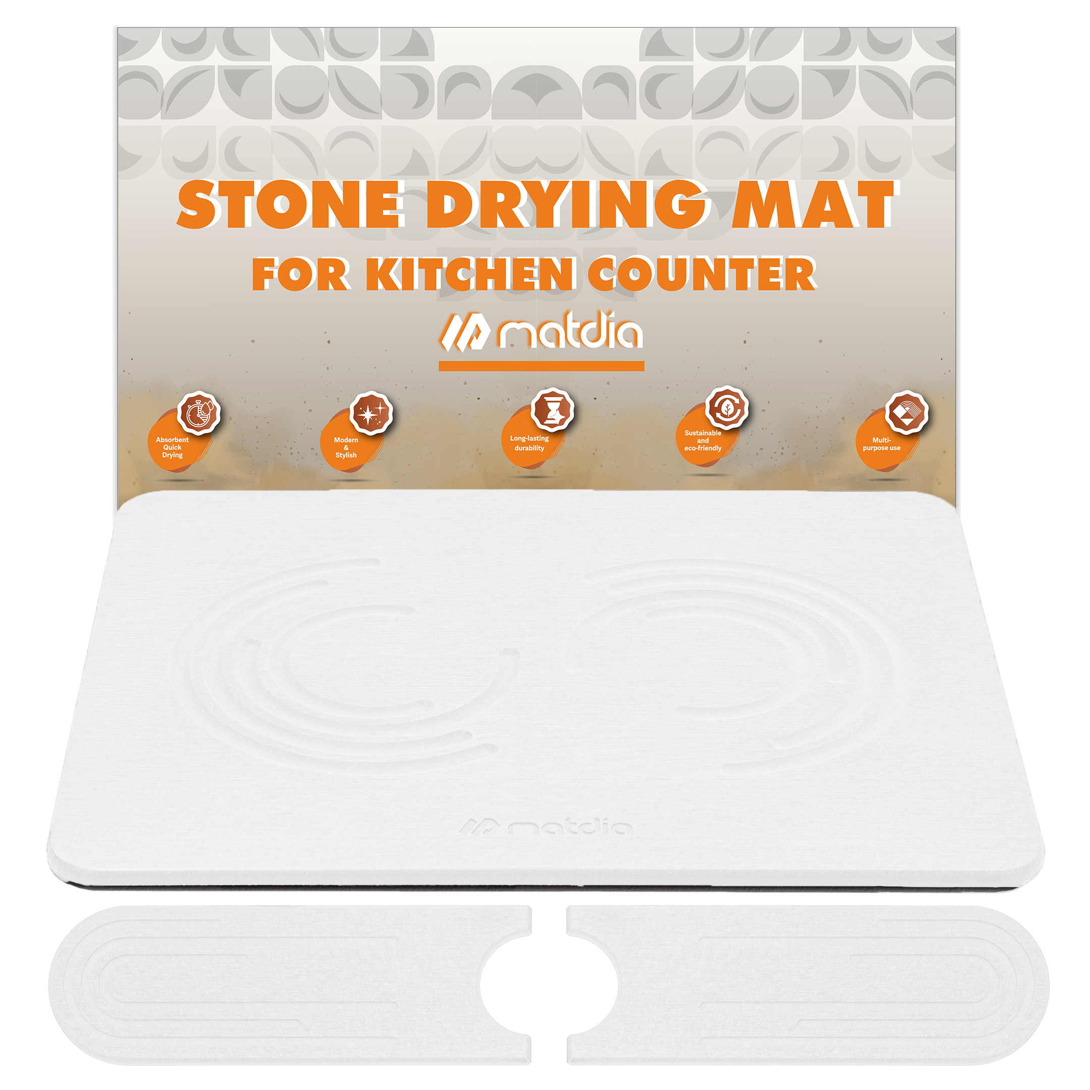 Matdia Stone Drying Mat for Kitchen Counter & Faucet mat for kitchen sink – Super Absorbent - Diatomaceous earth dish drying mat - Non-Slip & Eco-Friendly - Quick drying - (19.6" x 15.7")