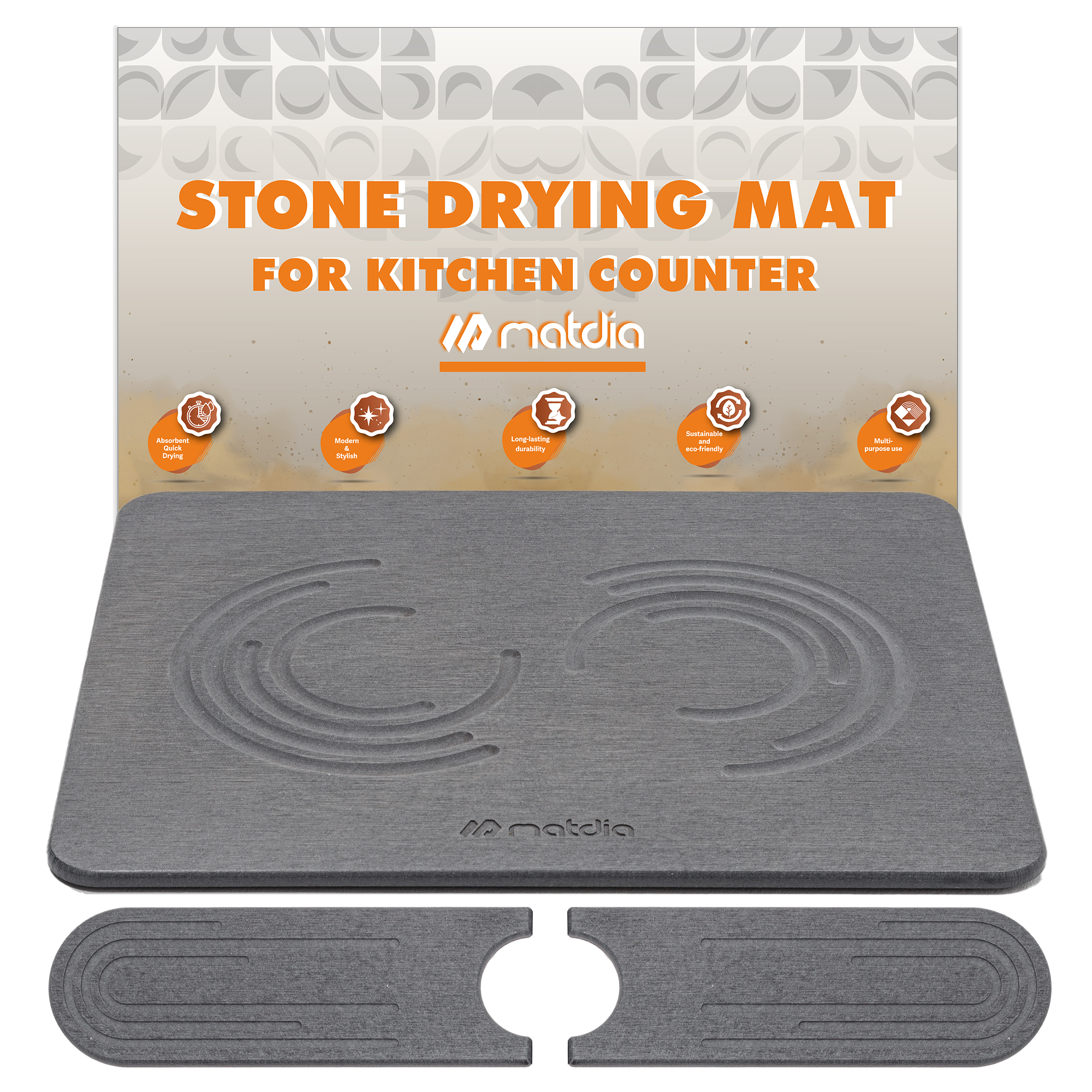 Matdia Stone Drying Mat for Kitchen Counter & Faucet mat for kitchen sink – Super Absorbent - Diatomaceous earth dish drying mat - Non-Slip & Eco-Friendly - Quick drying - (19.6" x 15.7")