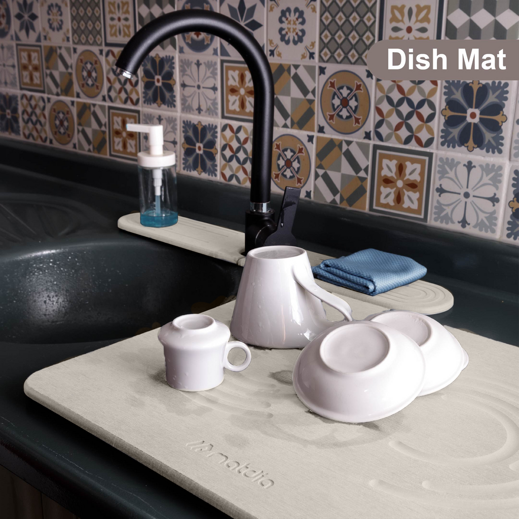 Matdia Stone Drying Mat for Kitchen Counter & Faucet mat for kitchen sink – Super Absorbent - Diatomaceous earth dish drying mat - Non-Slip & Eco-Friendly - Quick drying - (19.6" x 15.7")